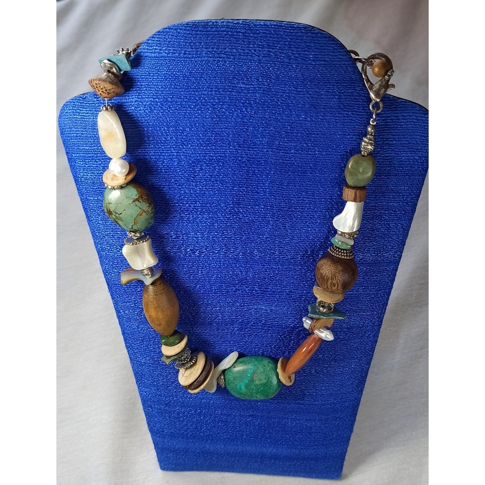Wood Turquoise Bone Chrysocolla Mother Of Pearl Nature Necklace On Metal String